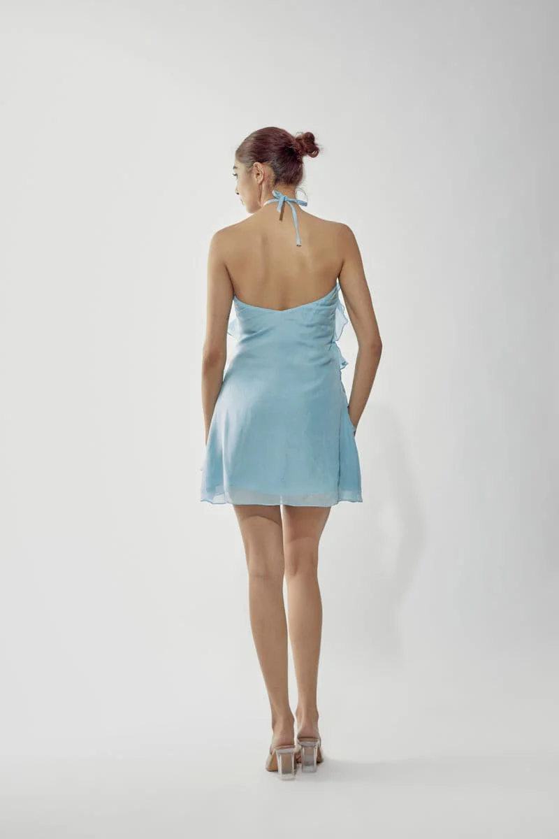 :Ice Blue Ruffle Mini Dress Angle 2