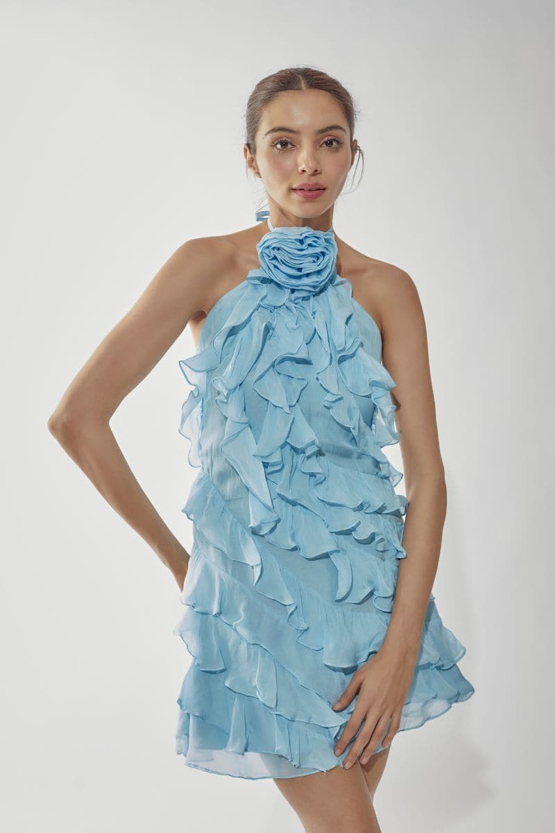:Ice Blue Ruffle Mini Dress Angle 3